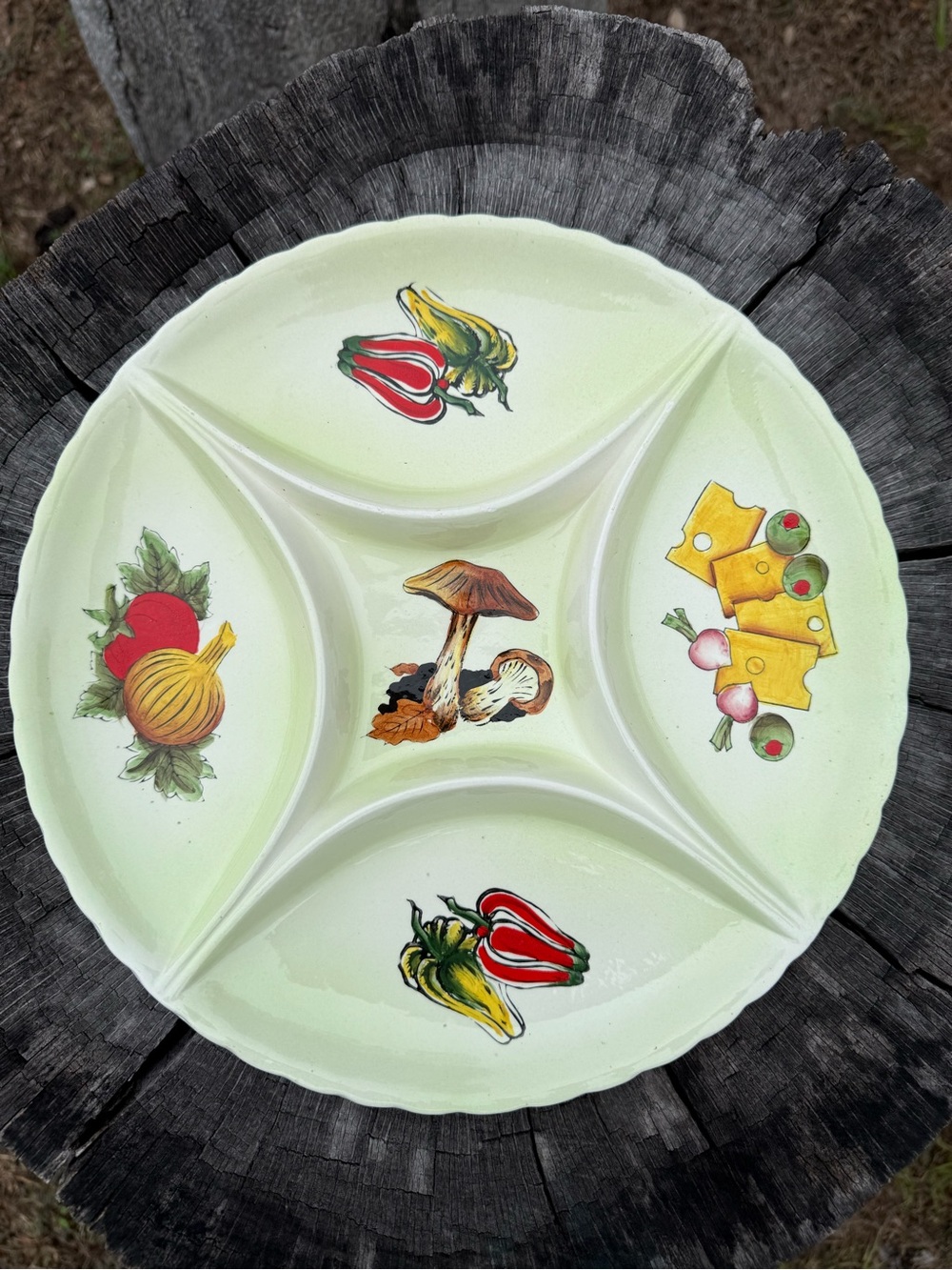 Vintage Divided Serving Platter with Vegetable Motifs